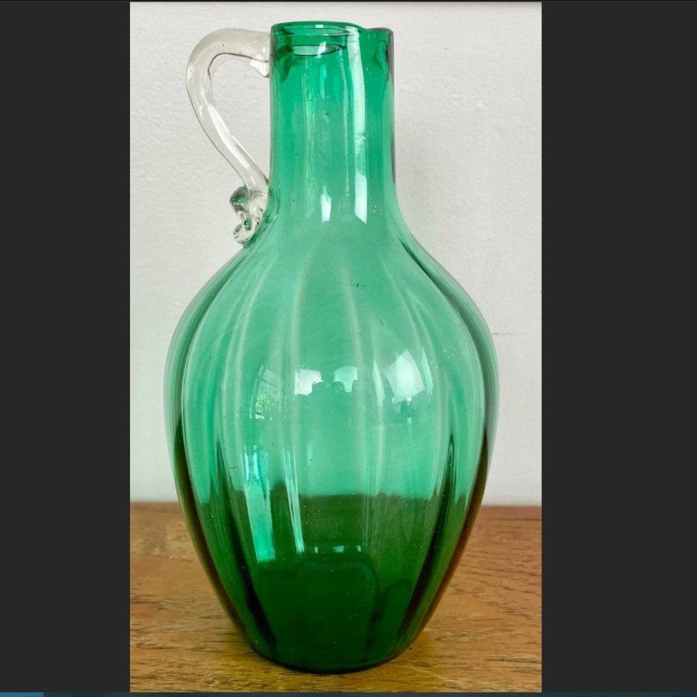Vintage Bischoff Art Glass Green Pitcher Jug, c. 1952, art deco MCM